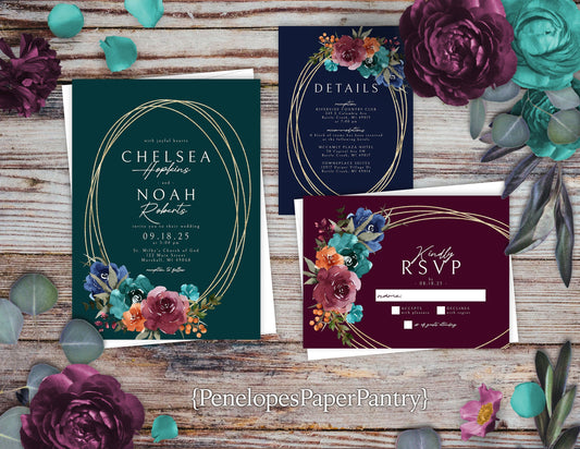 Elegant Jewel Tone Floral Fall Wedding Invitation – Hunter Green, Navy, Plum & Gold – Personalized Shimmery Printed Invite with Envelopes