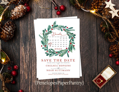 Save The Date Card Christmas Wedding Personalized Wreath Calendar Green Red Calligraphy Shimmery Printed Cards Envelopes Included Custom