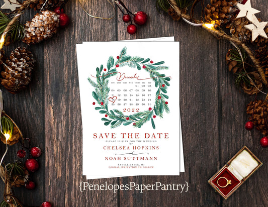 Save The Date Card Christmas Wedding Personalized Wreath Calendar Green Red Calligraphy Shimmery Printed Cards Envelopes Included Custom