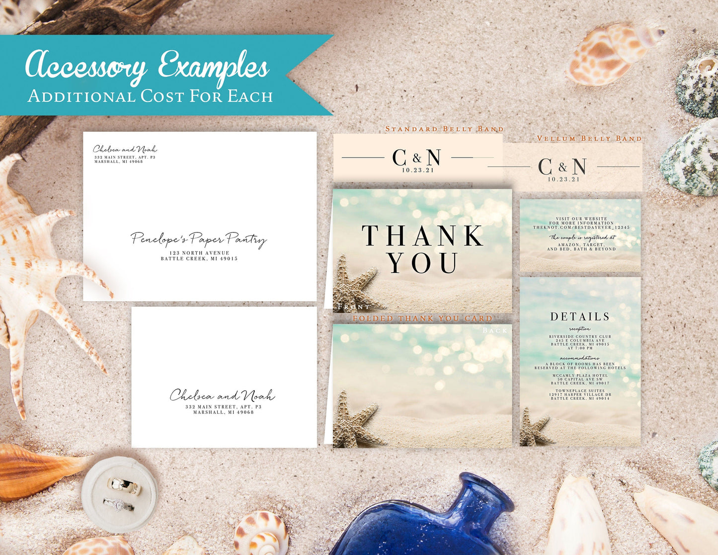 Daytime and Starfish Beach Wedding Invitation, Set, or Suite