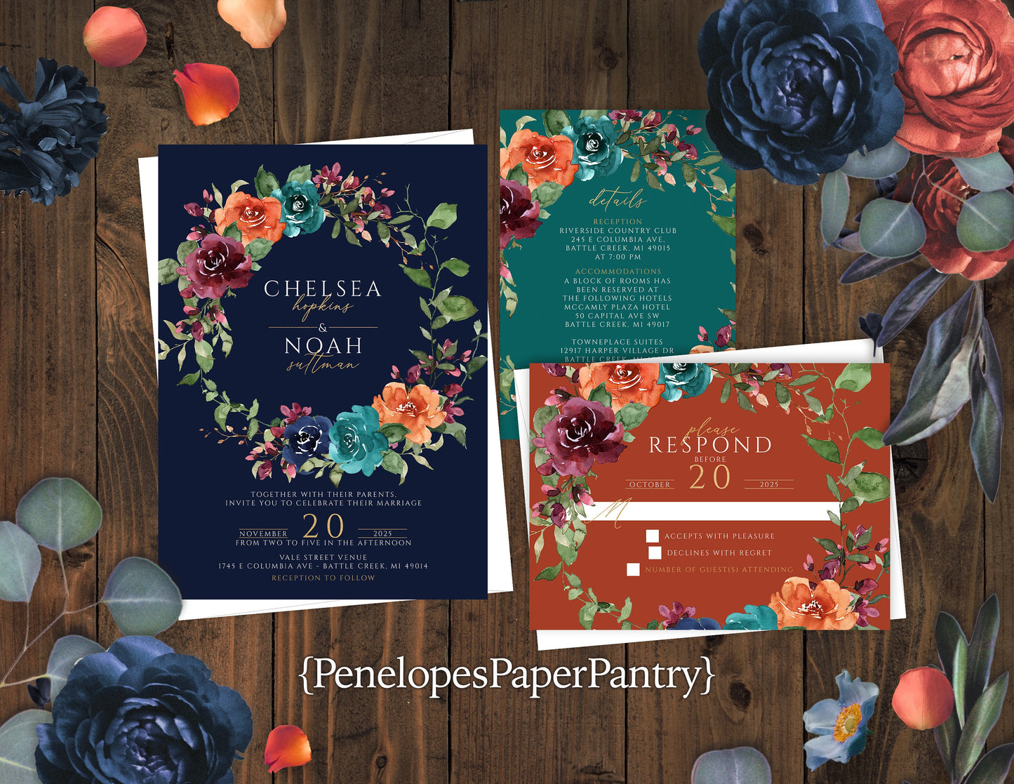 Jewel Tone Florals on Navy, Teal, and Orange Background Fall Wedding Invitation, Set, or Suite