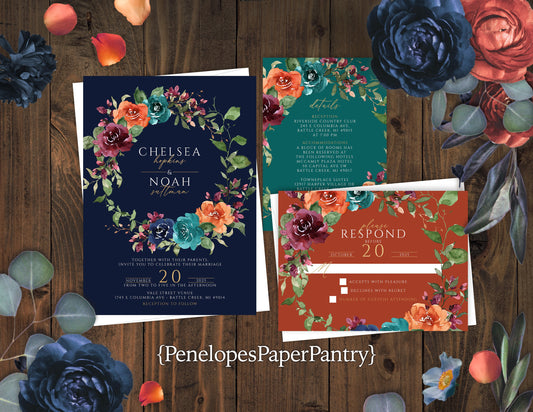 Jewel Tone Florals on Navy, Teal, and Orange Background Fall Wedding Invitation, Set, or Suite