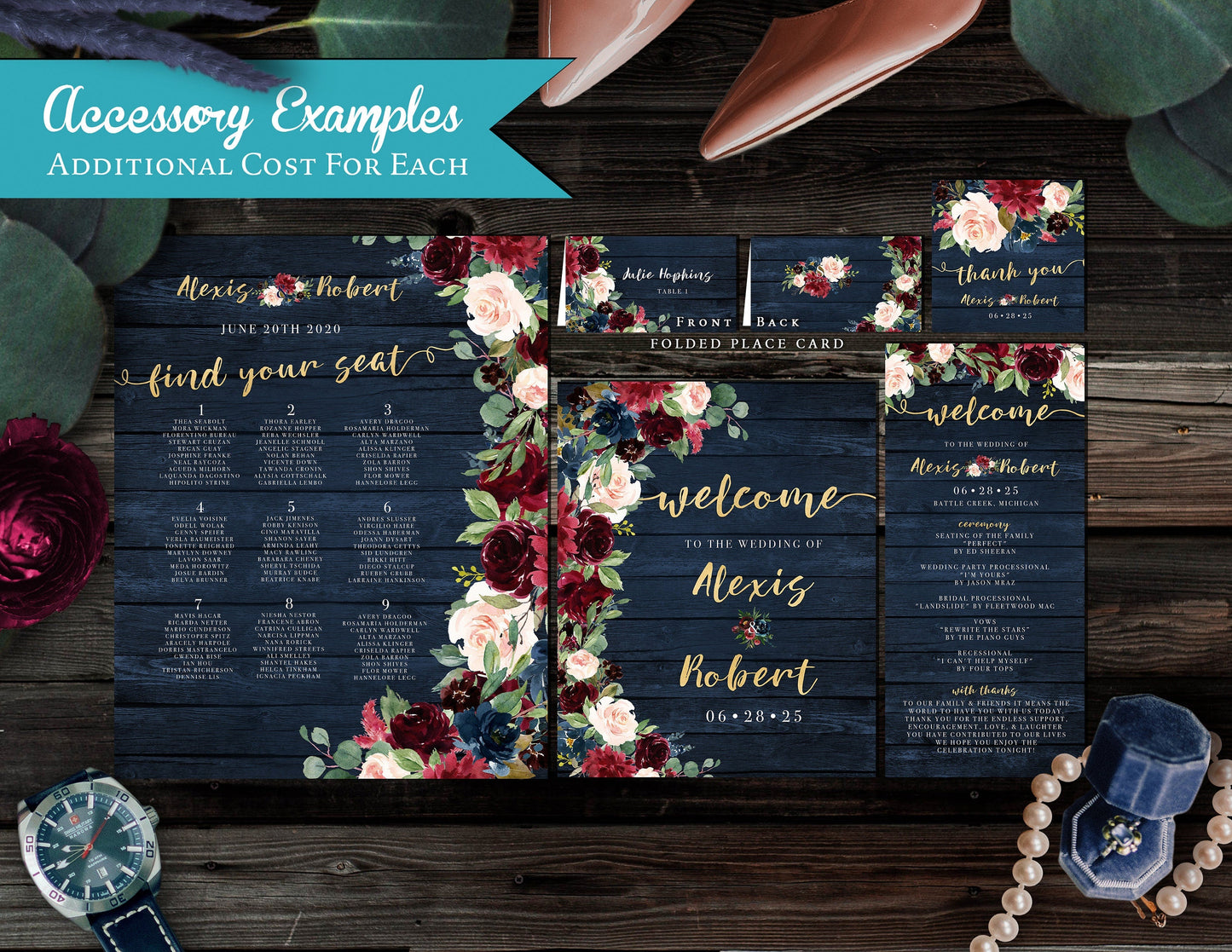 Rustic Fall Wedding Invitation – Navy Barn Wood, Burgundy & Blush Roses, Gold “We Do” Print – Personalized Shimmery Printed Invitations with Envelopes