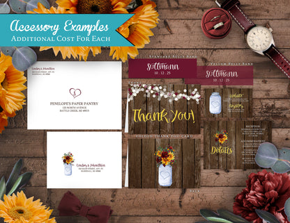 Sunflower and Burgundy Florals in Mason Jar on Brown Wood Background Fall Wedding Invitation, Set, or Suite