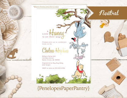 Winnie the Pooh Gender Neutral Baby Shower Invitation – Personalized Gold Foil Printed Invite with Eeyore, Rabbit & Piglet – Envelopes Included