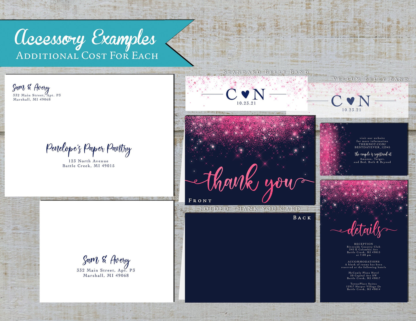 Hot Pink Faux Glitter with Navy Blue Background Invitation Traditional Wedding Invitation, Sets, or Suite