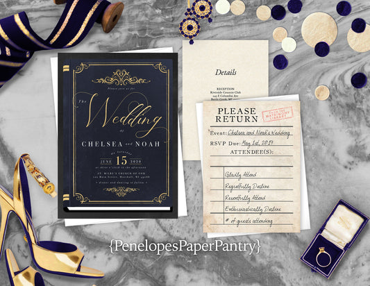 Love Story Navy and Gold Book Theme Traditional Wedding Invitation, Sets, or Suite