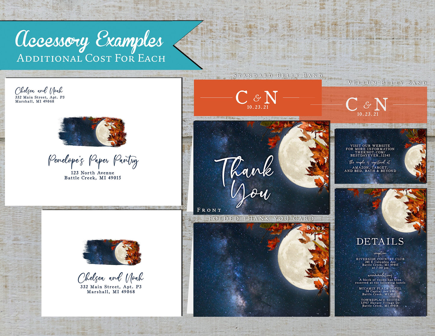 Rustic Full Moon Fall Wedding Invitation – Starry Sky, Autumn Leaves & Calligraphy – Personalized Printed Invitations with Envelopes Included