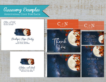 Rustic Full Moon Fall Wedding Invitation – Starry Sky, Autumn Leaves & Calligraphy – Personalized Printed Invitations with Envelopes Included