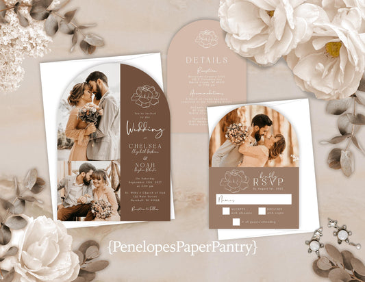 Die Cut Arch Beige Neutral Hues with Engagement Photos Fall Wedding Invitation, Set, or Suite