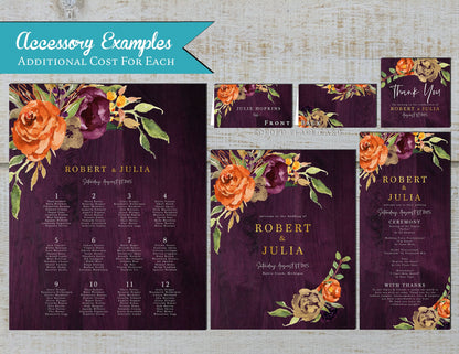 Rustic Fall Wedding Invitation – Purple, Burnt Orange & Gold Florals – Personalized Shimmery Printed Invite with Barn Wood Background & Envelopes