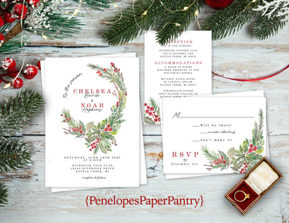 Pine and Holly Floral Wreath Winter Wedding Invitation, Set, or Suite