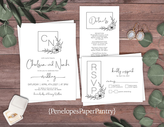 Black and White Simple Monogram Floral Crest Traditional Wedding Invitation, Sets, or Suite