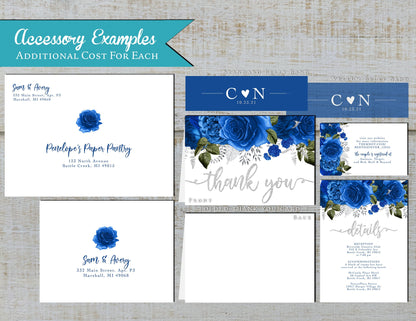 Royal Blue Florals with White Background Rose Wedding Invitation, Set, or Suite