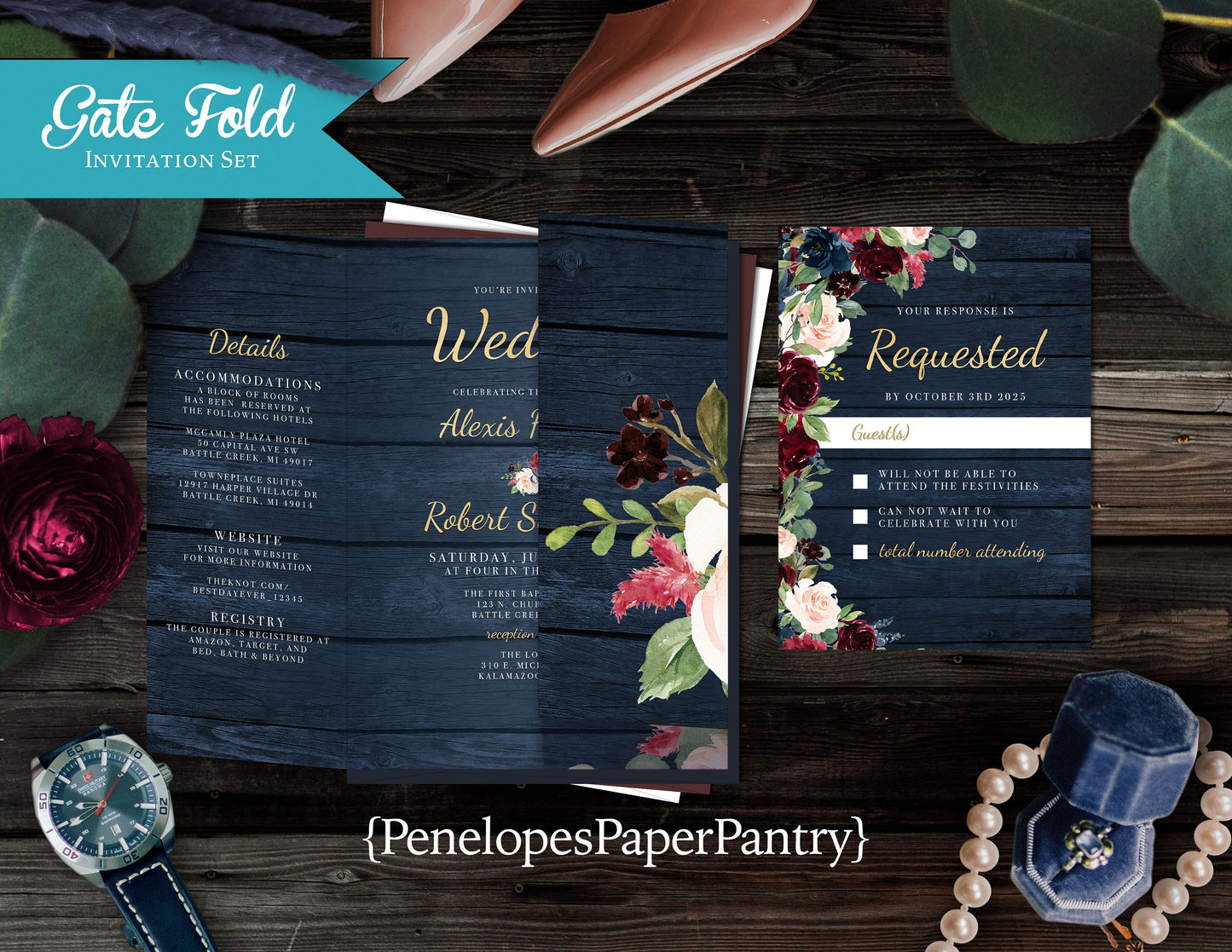 Gatefold Navy, Blush, and Burgundy Florals with Blue Wood Background Folded Wedding Invitation, Set, or Suite