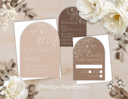 Die Cut Arch Beige, Tan, Neutral with Ivory Floral Line Art Summer Wedding Invitation, Set, or Suite