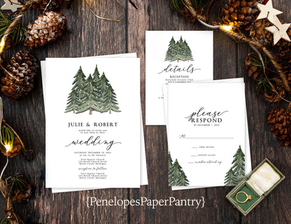 Snowy Pine Trees Winter Wedding Invitation, Set, or Suite