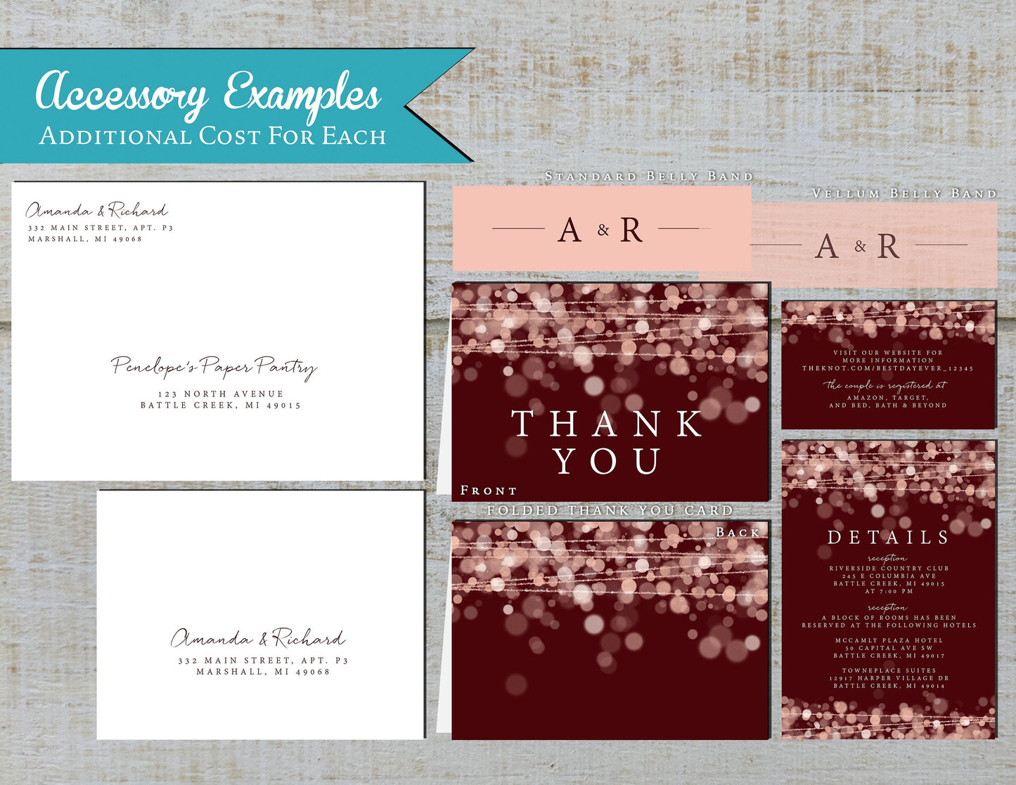 Rose Gold Bokeh String Lights with Burgundy Background Traditional Wedding Invitation, Sets, or Suite