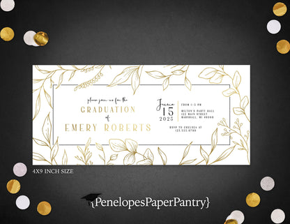Gold Foil Floral Frame Graduation Open House or Ceremony Invitation