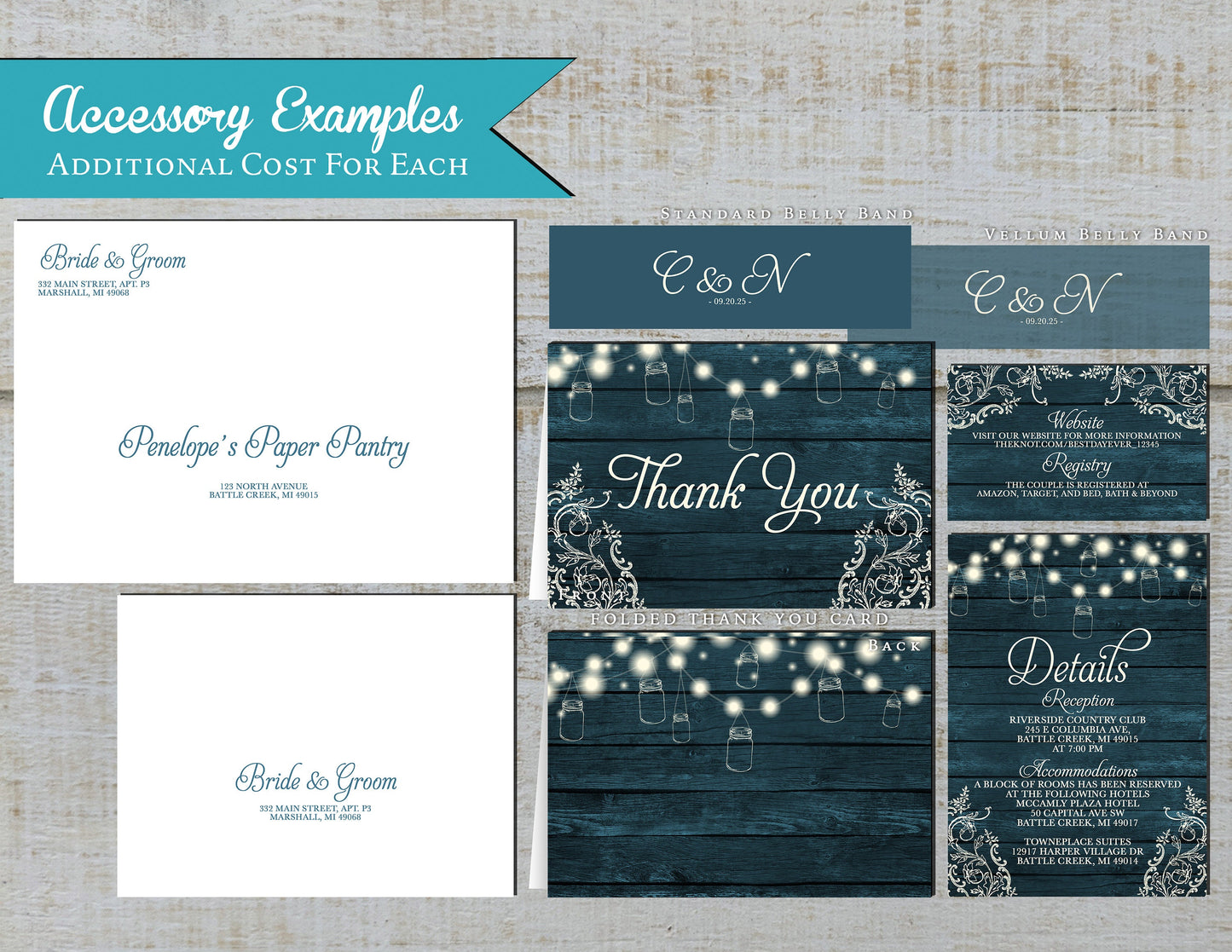 Ivory Mason Jar String Lights on Dark Teal Wood with Lace Fall Wedding Invitation, Set, or Suite