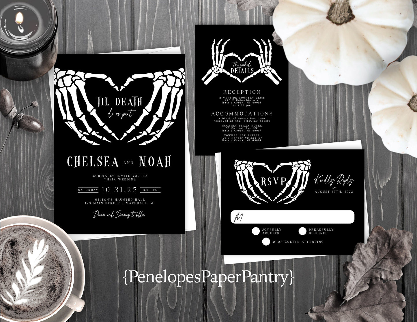 Romantic Halloween Wedding Invitation – Skeleton Hands Heart, Black & White – Personalized Printed Invitations with Envelopes Included