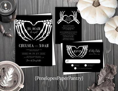 Romantic Halloween Wedding Invitation – Skeleton Hands Heart, Black & White – Personalized Printed Invitations with Envelopes Included