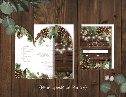 Die Cut Arch Winter Pine Branch and Lights with Barn Wood Gatefold Folded Wedding Invitation, Set, or Suite