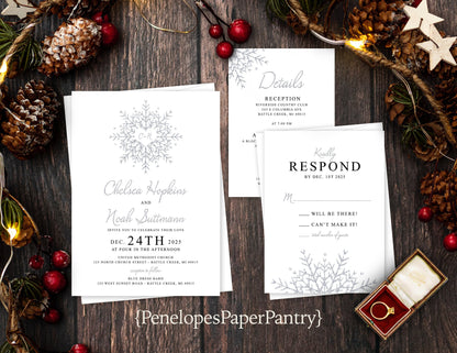 Fancy Snowflake Winter Wedding Invitation – Faux Silver Glitter Calligraphy, Shimmery Custom Text, Printed with Envelopes Included