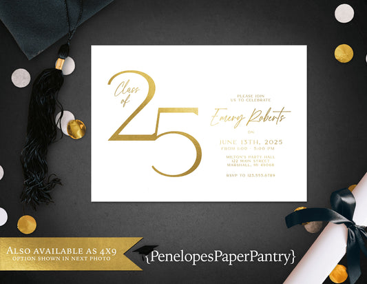 Class of 25 with Gold Foil Graduation Open House or Ceremony Invitation