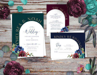 Jewel Tone Florals with Arch Frame on Jewel and White Background Fall Wedding Invitation, Set, or Suite