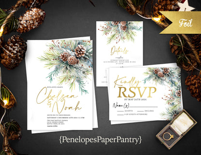 Fancy Winter Wedding Invitation – Pine Branches, Pine Cones, Gold Foil Calligraphy, Custom Printed with Envelopes Included