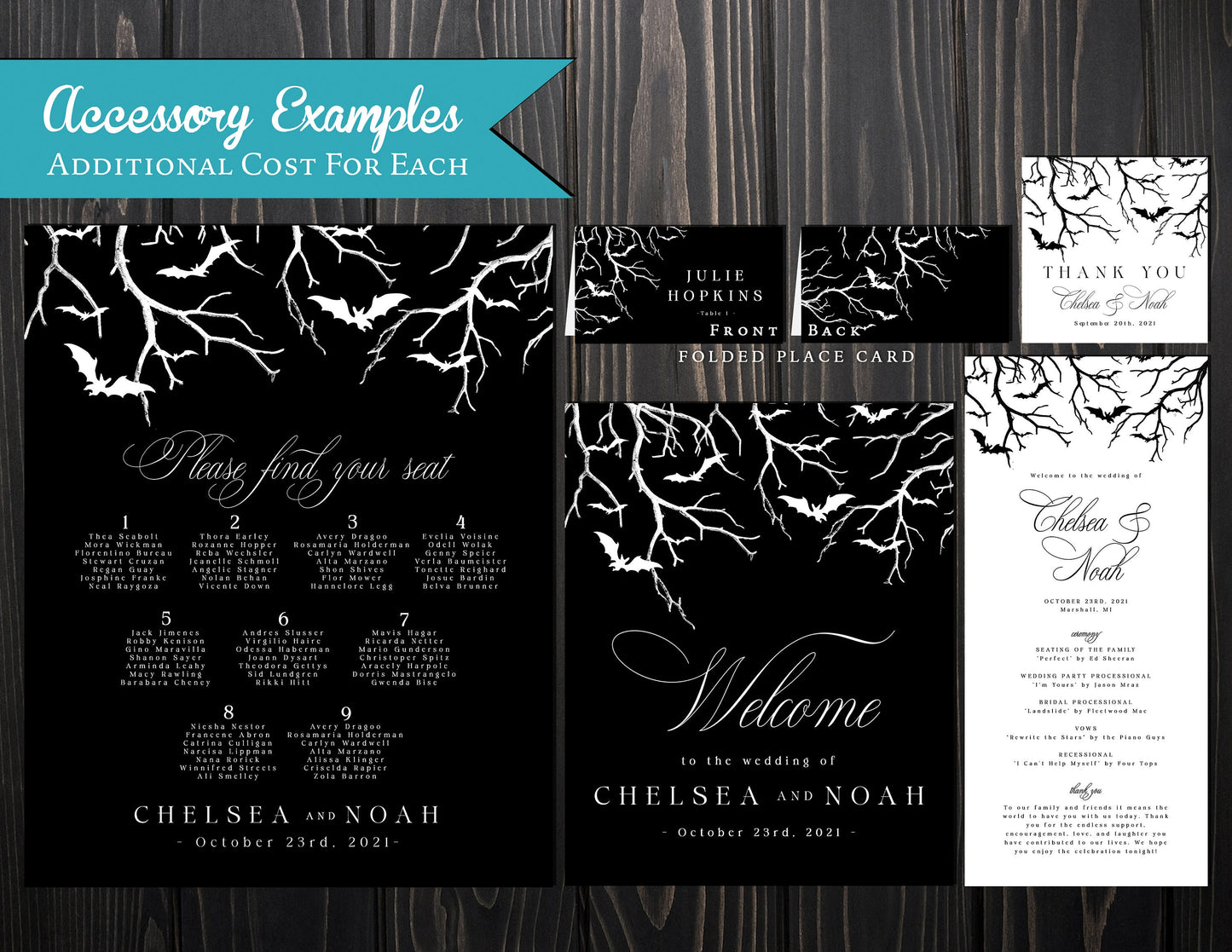 Halloween Black and White Bats and Haunted Forest Fall Wedding Invitation, Set, or Suite