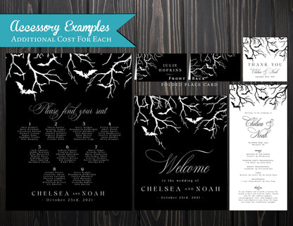 Halloween Black and White Bats and Haunted Forest Fall Wedding Invitation, Set, or Suite