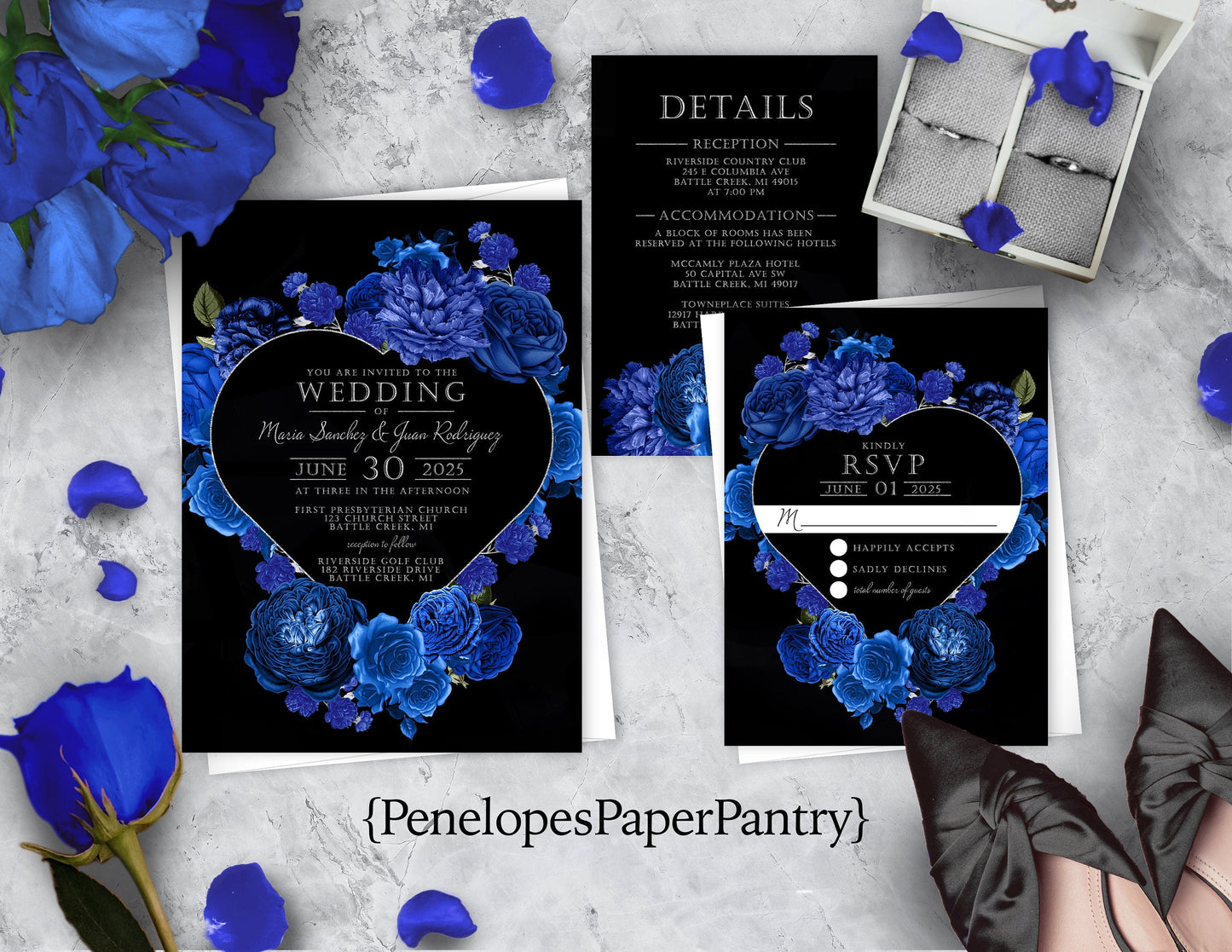 Royal Blue Floral Heart Wreath on Black Background Rose Wedding Invitation, Set, or Suite