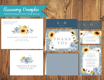 Shabby Chic Dusty Blue Floral Summer Wedding Invitation Personalized Sunflowers Wildflowers Geometric Frame Printed Invitation With Envelope