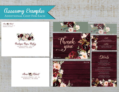 Rustic Fall Wedding Invitation – Burgundy & Blush Florals, Barn Wood & Calligraphy – Personalized Shimmery Printed Invitations with Envelopes Included