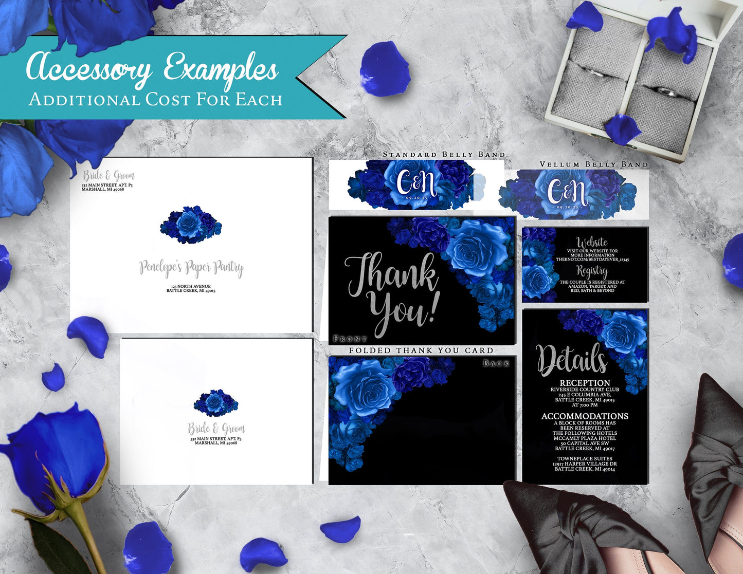 Royal Blue Florals on Black Background Rose Wedding Invitation, Set, or Suite