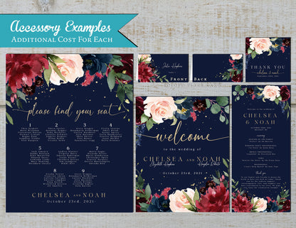 Navy, Burgundy, and Blush Florals on Blue Background Fall Wedding Invitation, Set, or Suite