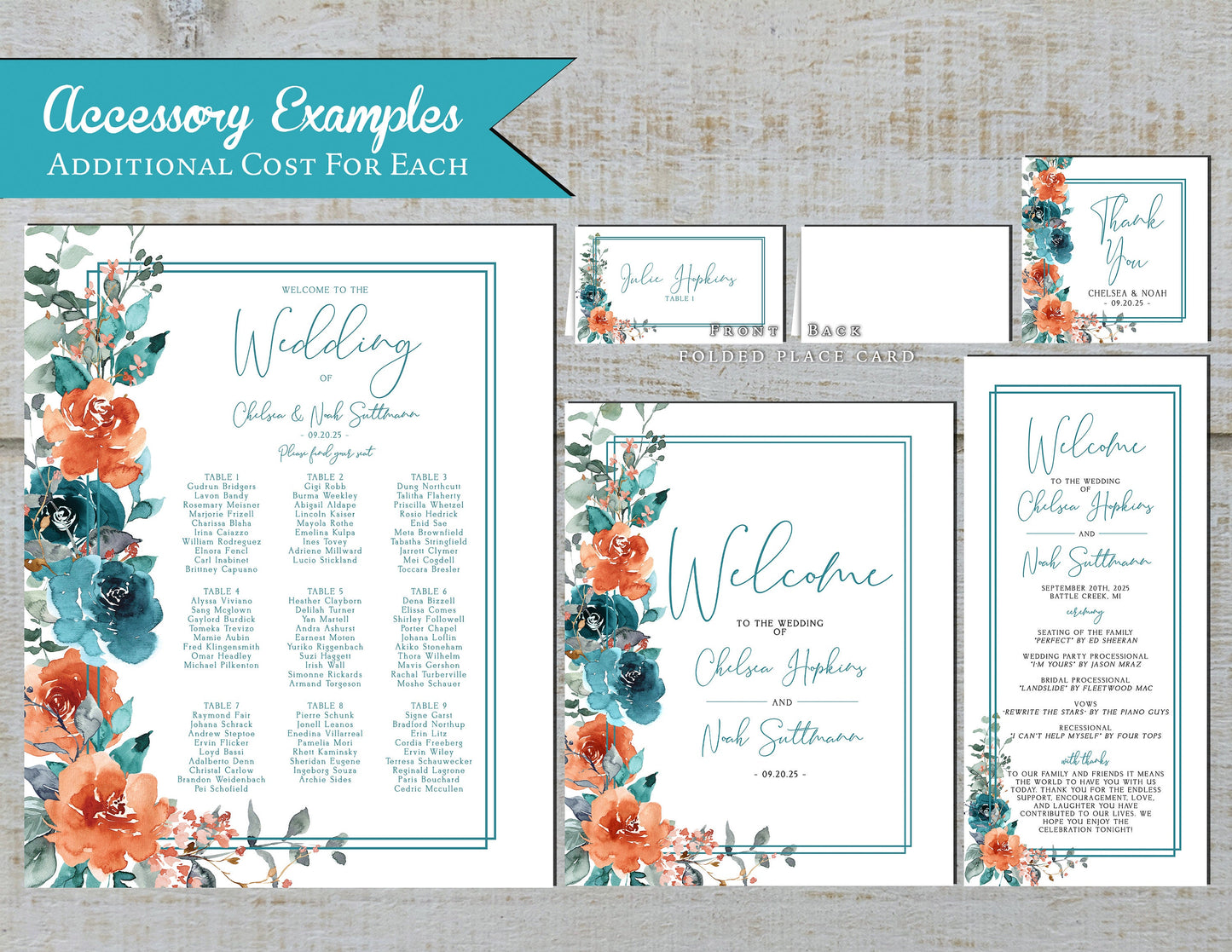 Teal and Burnt Orange Floral with simple Frame on White Background Fall Wedding Invitation, Set, or Suite