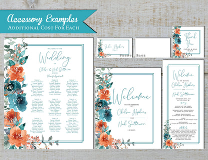 Teal and Burnt Orange Floral with simple Frame on White Background Fall Wedding Invitation, Set, or Suite