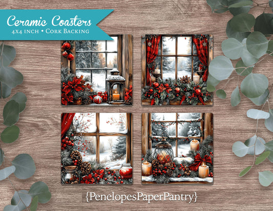Rustic Christmas Window Scenes Ceramic Coasters Set Of Four Holiday Home Decor Gift For Her Gift For Him Unique Gift Stocking Stuffer