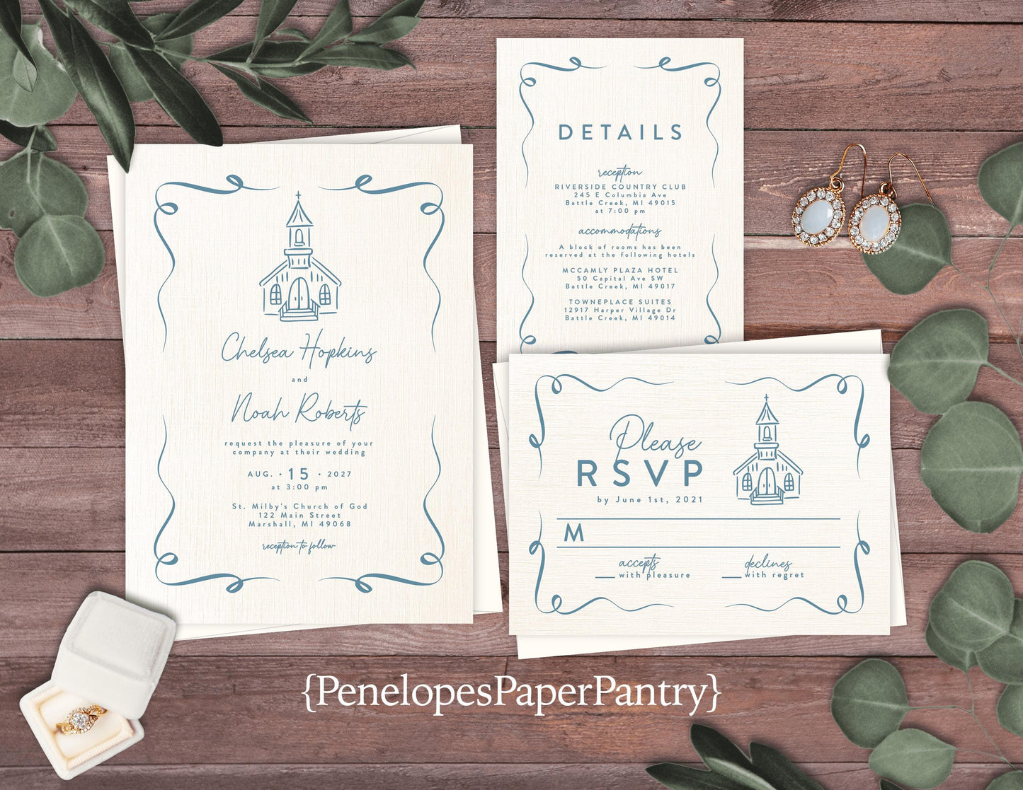 Whimsical Hand Drawn Wedding Invitation Personalized Dusty Blue Ivory Linen Wedding Chapel Custom Text Printed Invitations With Envelopes