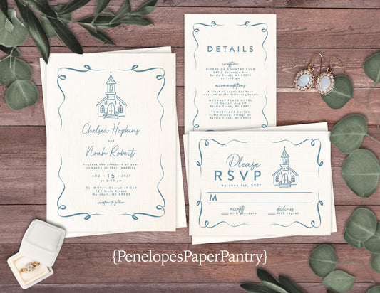 Whimsical Hand Drawn Wedding Invitation Personalized Dusty Blue Ivory Linen Wedding Chapel Custom Text Printed Invitations With Envelopes
