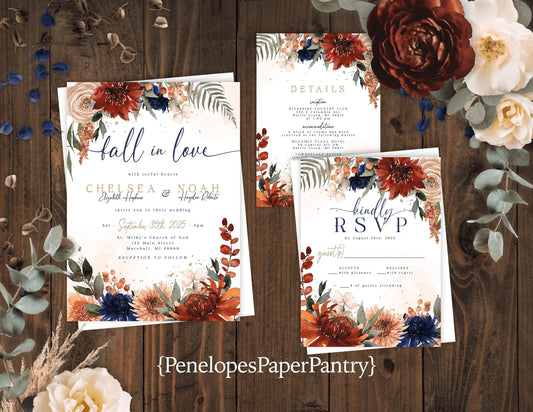 Romantic Fall in Love Wedding Invitation – Terracotta, Navy & Burnt Orange Floral Design – Personalized Printed Invitation with Envelope