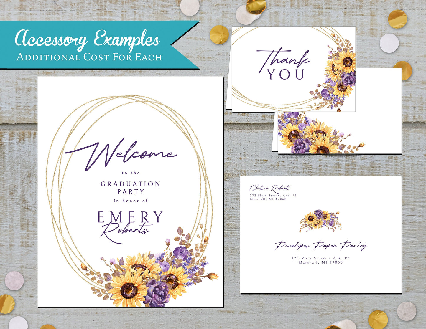 Sunflower and Purple Oval Frame Photo Graduation Open House or Ceremony Invitation