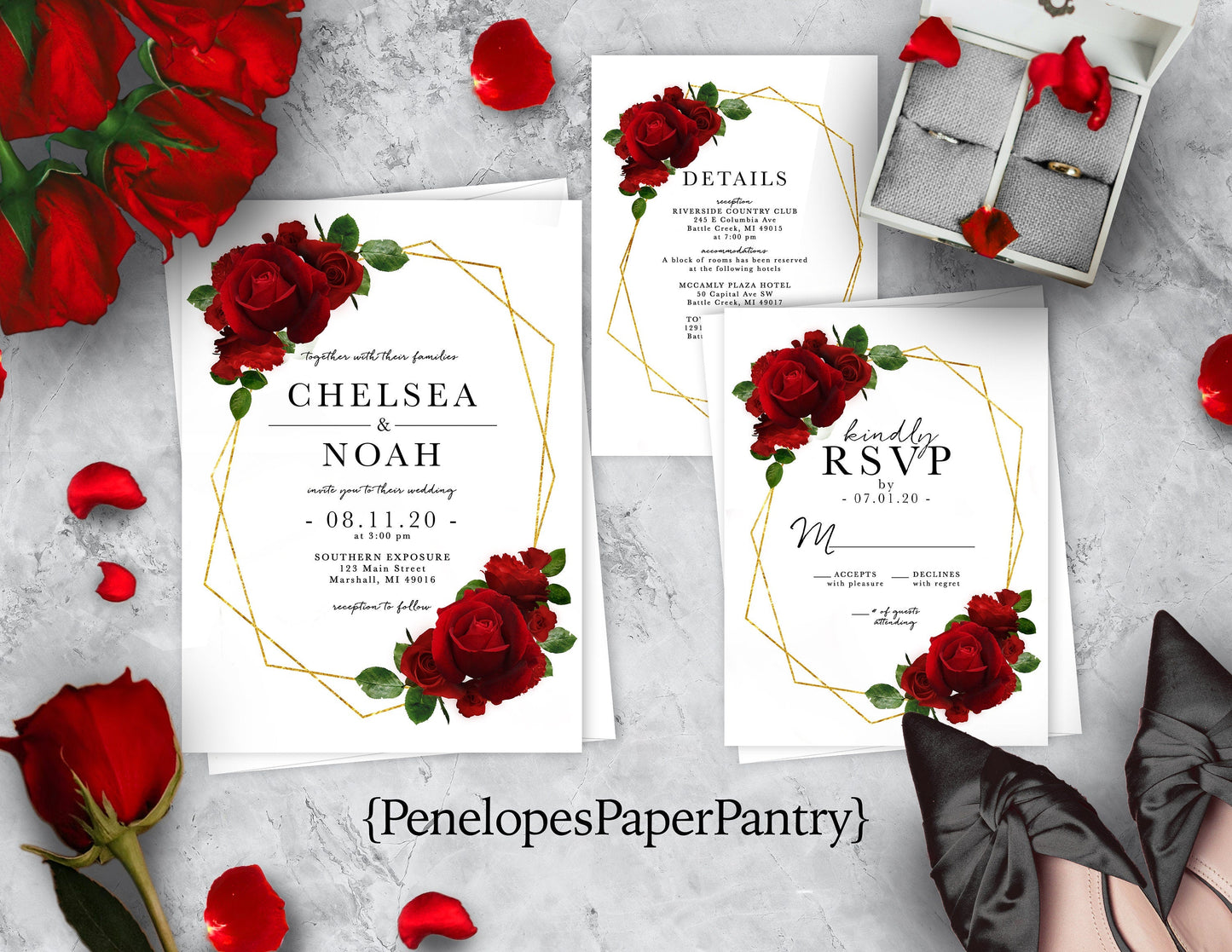 Red Florals with Geometric Frame and White Background Rose Wedding Invitation, Set, or Suite