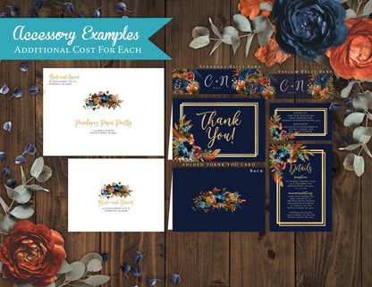 Elegant Navy Floral Fall Wedding Invitation – Turquoise, Burnt Orange & Gold – Personalized Shimmery Printed Invite with Envelopes