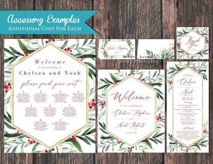 Holly and Mistletoe Floral Border Winter Wedding Invitation, Set, or Suite