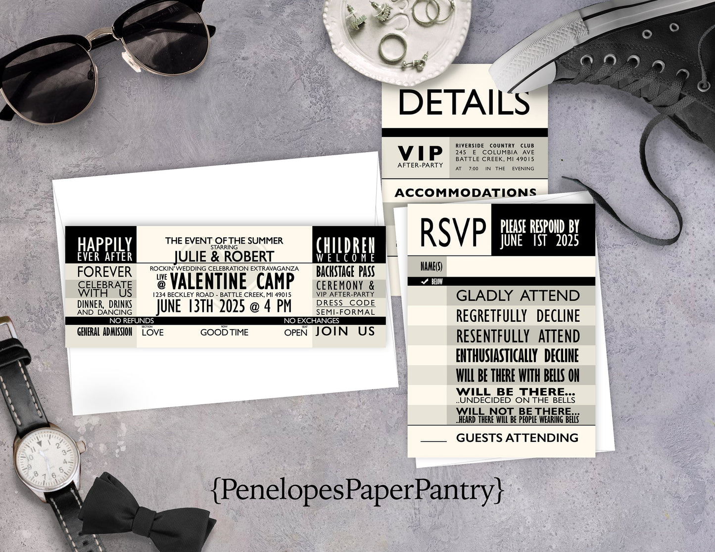 Unique Concert Ticket Wedding Invitation Personalized Black Ivory Rock and Roll Country Hip Hop Classical Printed Invitations With Envelope