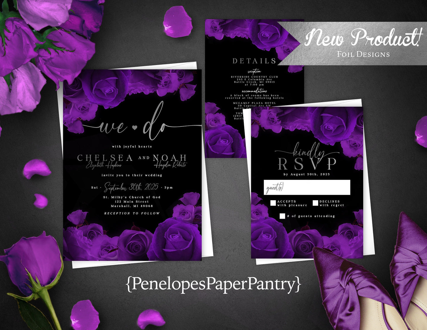 Purple Florals with Silver Foil and Black Background Rose Wedding Invitation, Set, or Suite